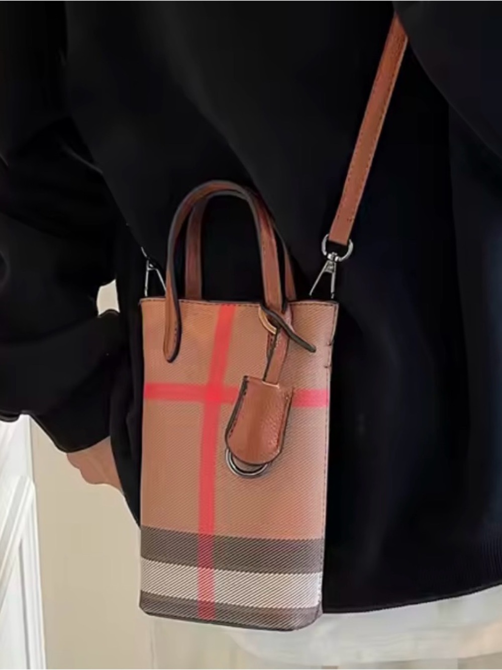Vintage Brown Crossbody Bag with Pink Plaid Accents